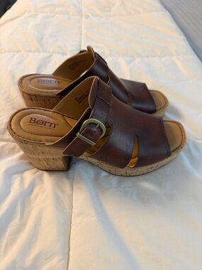 Born Brown Leather Cork-Heel Mule Sandals with Buckle